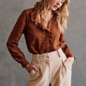 Brown Lace Blouse with Ruffle Collar